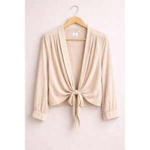 Worthington Beige Tie Front Blouse Lightweight Draped Long Sleeve M